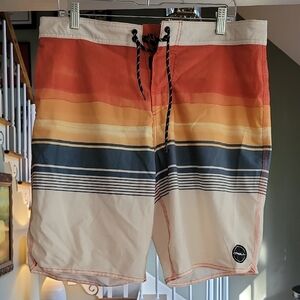 O'Neill Orange and Yellow Board Shorts with Retro Stripes